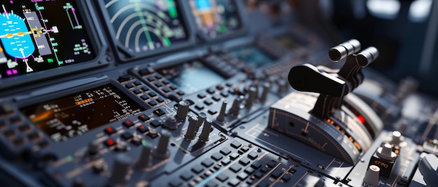 Advanced aircraft cockpit controls and instruments illuminated by screen glow awaiting navigation