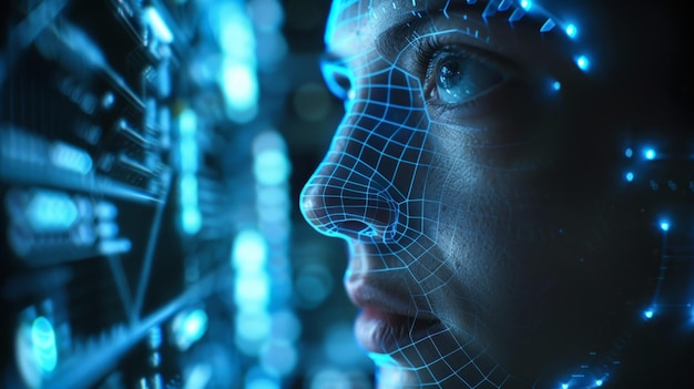 Advanced biometric facial recognition system analyzes a determined male scientists face bathed