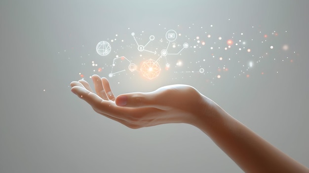 사진 첨단 비즈니스 이노베이션 컨셉: 미래의 3d 플래트 아이콘 - 미래의 아이콘과 함께 손가락 끝에
