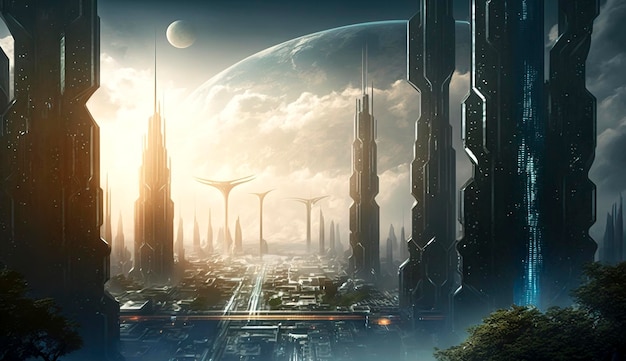 Advanced Civilization Cityscape with Hovering Spacecraft created with Generative AI technology