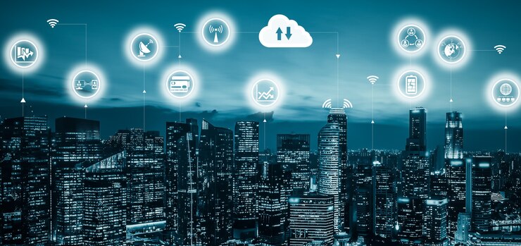 Photo advanced communication and global internet network connection in smart city