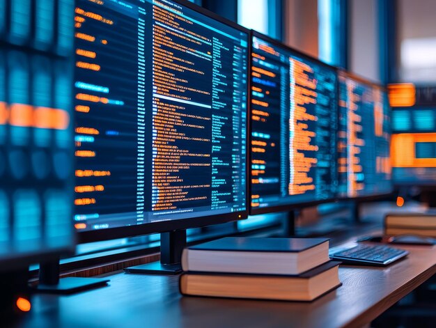 advanced computer setup with multiple screens displaying data and coding information in a modern workspace