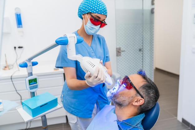 Advanced dental whitening treatment using light technology in clinic setting