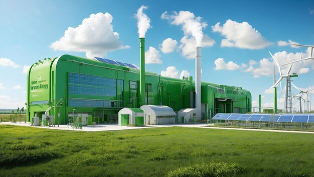 Photo advanced factory that uses renewable resources surrounded by wind turbines and solar panels