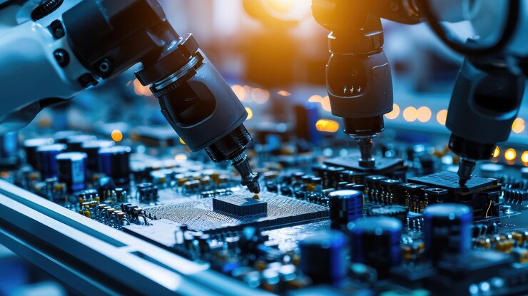 Photo advanced high precision robot arms on fully automated pcb assembly line inside modern electronics factory