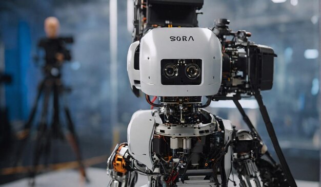 Photo advanced humanoid robot filmmaker demonstrating sora text to video ai model