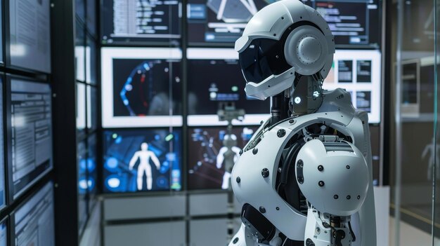 Advanced humanoid robot in a hightech control room