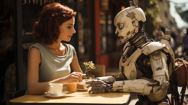 Photo advanced humanoid robot interacting with humans