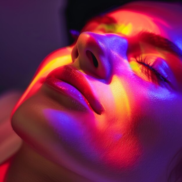 Photo advanced led light skin rejuvenation treatment closeup of colorful glowing lights on face