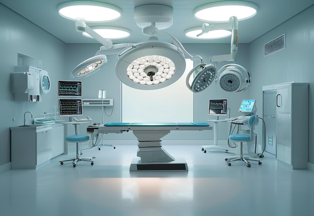 Photo advanced medical equipment in a modern sterile operating room illuminated by bright surgical lights