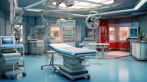 In an advanced operating room with lots of equipment patient and working surgical specialists