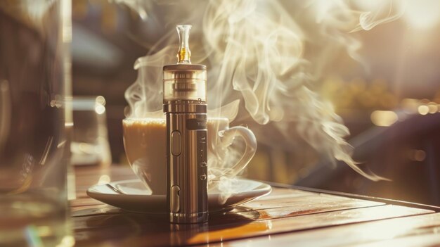 advanced personal vaporizer or ecigarette vintage style with morning coffee cup