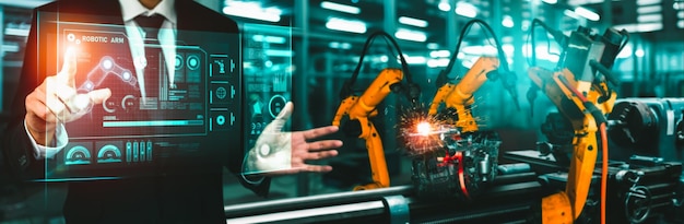 Foto sistema avanzato di bracci robotici per l'industria digitale e la tecnologia robotica di fabbrica