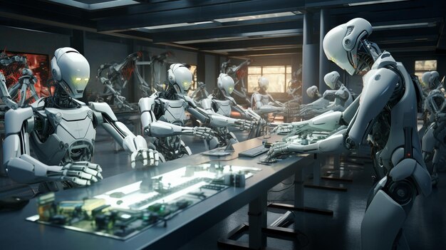 Photo an advanced robotics lab with humanoid robots background