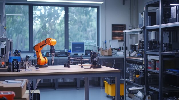 an advanced robotics workshop where engineers design and test cuttingedge robots the scene includes 3d printers aidriven design tools and robotic prototypes undergoing testing and calibration