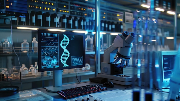 장비 가운데 모니터에 DNA 나선이 있는 첨단 과학 연구실