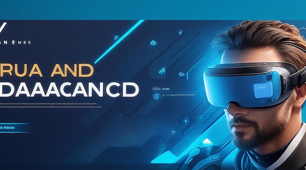 Advanced technology banner template with man wearing vr background