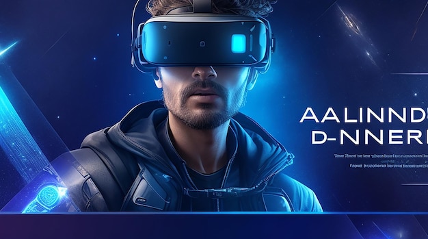 Advanced technology banner template with man wearing vr background