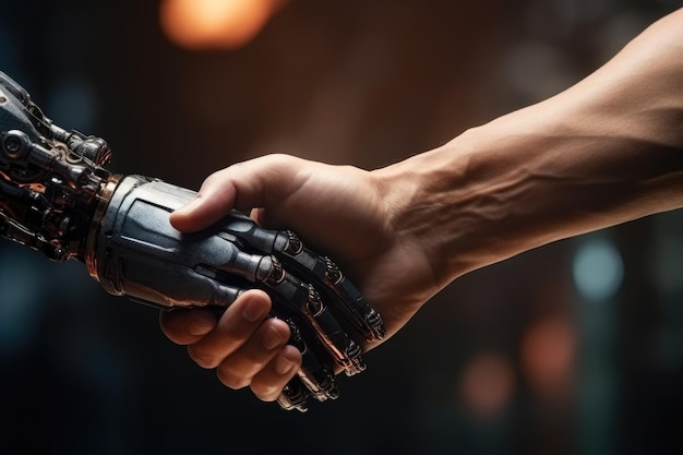 Advanced Technology Cyborg and Human Handshake