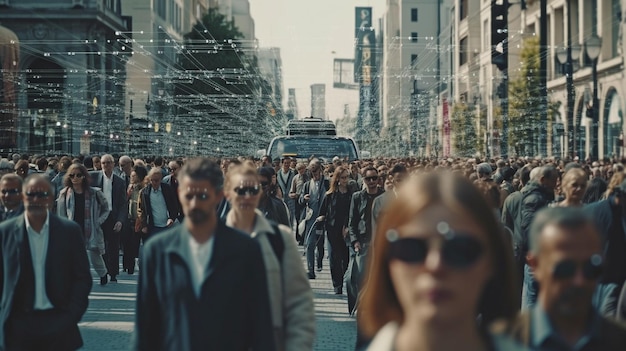 Advanced technology is being used to track a group of business people as they walk across a busy urban city street Generative AI and CCTV