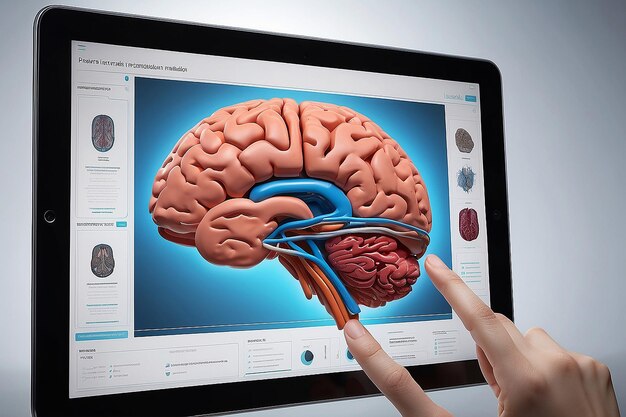 Photo advanced threedimensional human brain simulation viewed from inside a tablet