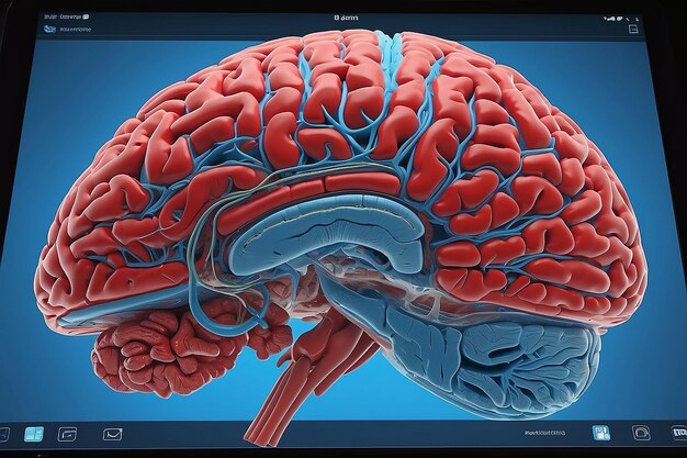 Photo advanced threedimensional human brain simulation viewed from inside a tablet