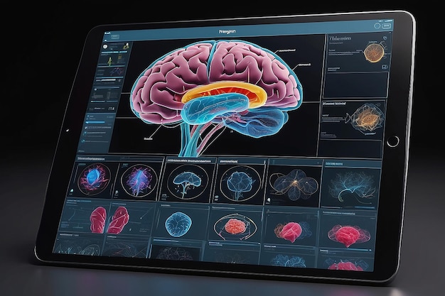 Photo advanced threedimensional human brain simulation viewed from inside a tablet