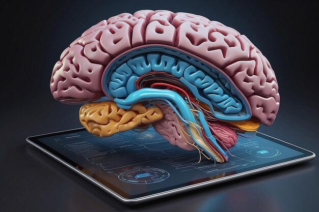 Photo advanced threedimensional human brain simulation viewed from inside a tablet