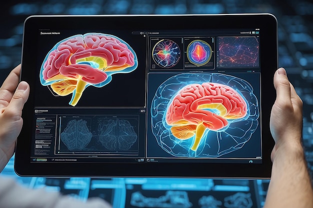 Photo advanced threedimensional human brain simulation viewed from inside a tablet