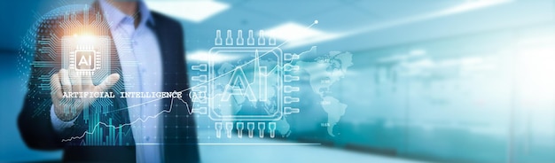 Advancing industries and revolutionizing technology Businessman touch a circuit board leveraging