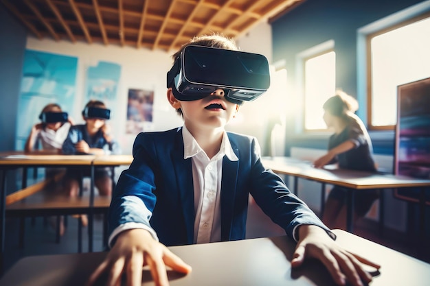 Advancing skills schoolboy in a futuristic classroom