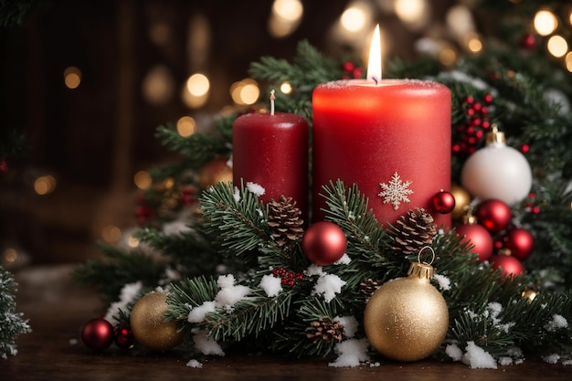 Адвентная свеча с рождественскими украшениями и снегом