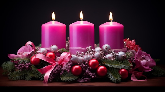 Photo advent candles in christmas wreath three purple candle