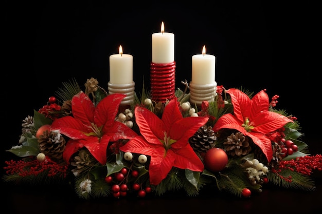Адвентские свечи и еловые ветки с рождественским украшением на темном фоне сгенерированы AI