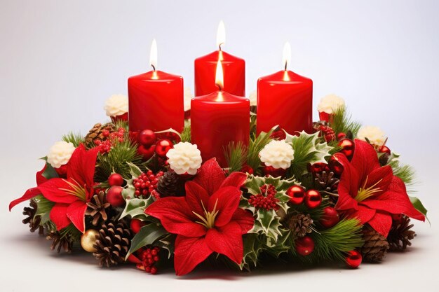 Advent candles and fir branches with Christmas decoration on a white background AI generated