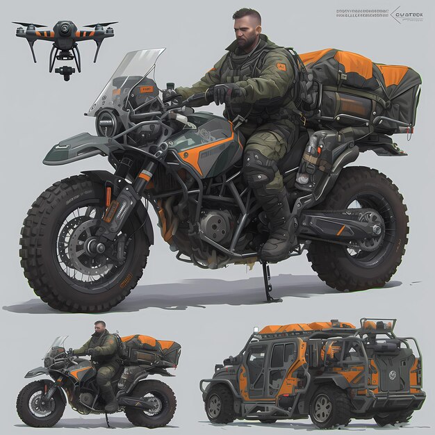 Adventure Awaits Man on Custom Motorcycle with Drones Attached