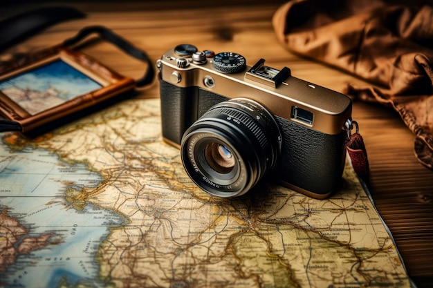 Adventure Awaits Map and Camera on Wooden Table