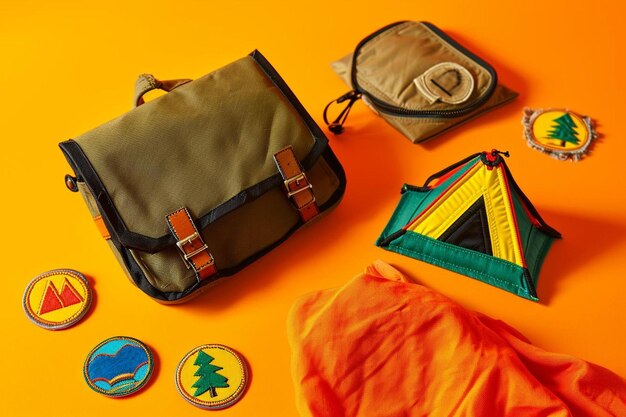 Adventure badges with camping tent in orange color