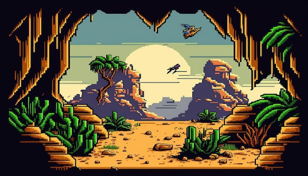 Adventure game screen Retro computer games level Pixel art video game scene 8 bit