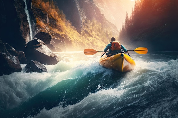 Adventure kayak sails on mountain river with sunlight ai generative