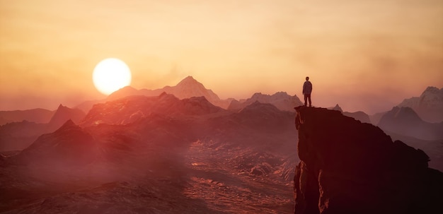 Adventure Man looking at Rocky Mountain Landscape