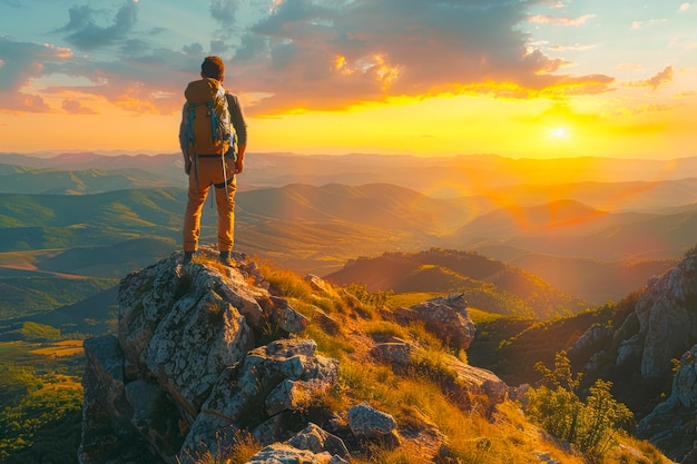 Adventure Seeker Man Embracing Natures Beauty on Cliff at Sunset in Summer Mountains