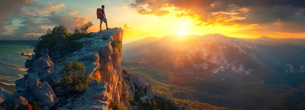 冒険 を 求める 人 は,夏 の 山 の 夕暮れ の 時,崖 の 上 で 自然 の 美 を 抱きしめ て い ます