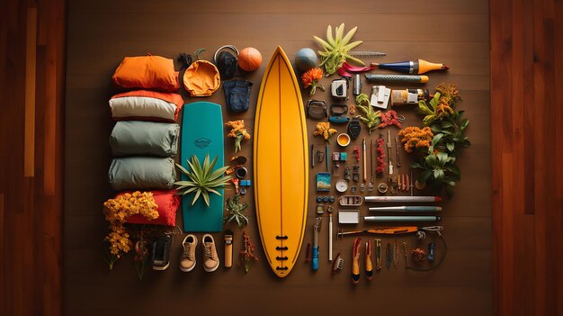 Adventure and surf photographer equipment flat lay photo set up from above