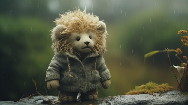 Photo adventure themed lion teddy bear in rainy season
