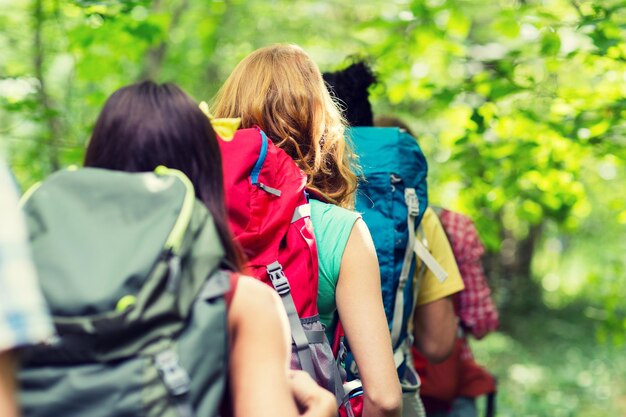 Photo adventure, travel, tourism, hike and people concept - close up of friends walking with backpacks in woods from back