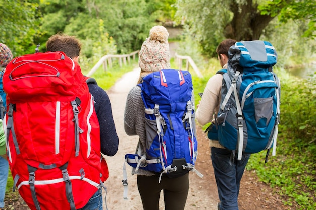 adventure, travel, tourism, hike and people concept - group of friends walking with backpacks from back