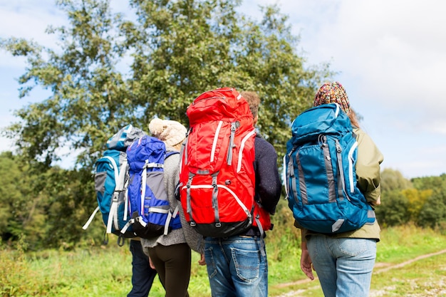 adventure, travel, tourism, hike and people concept - group of friends walking with backpacks from back