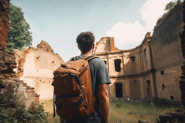 Путешественник-авантюрист исследует исторические руины с рюкзаком и камерой, созданной с помощью генеративного ИИ