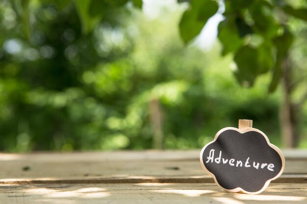 Adventure waiting for you concept small sign with Adventure inscription outdoors green blurred background